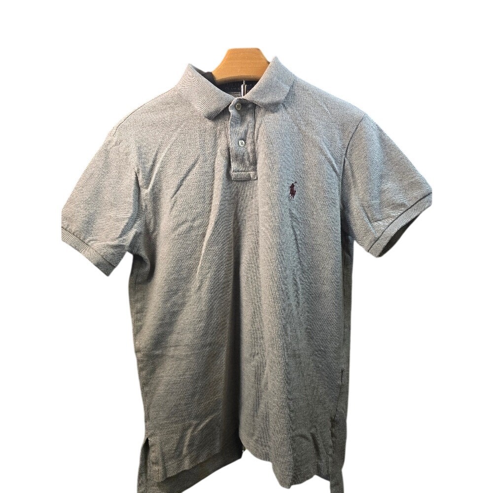 Polo Ralph Lauren Mens Custom Fit Grey Pique Polo‎ Shirt Medium Burgundy Pony